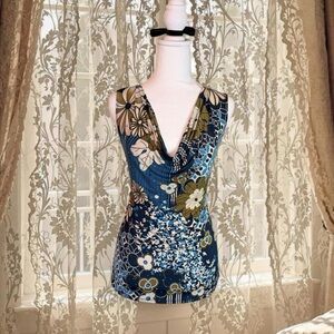 Vintage Y2K Fairycore Blue Floral Cowl Neck Top